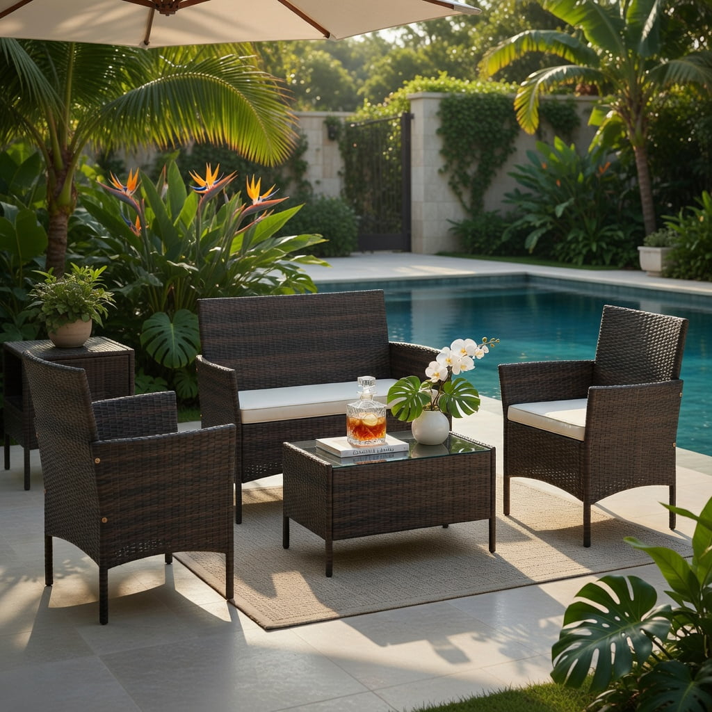 Hommoo 4-Piece Outdoor Rattan Patio Conversation Set with Plush Cushions, Loveseat, 2 Chairs & Tempered Glass Coffee Table, Weather-Resistant PE Wicker for Backyard, Poolside & Porch, Brown