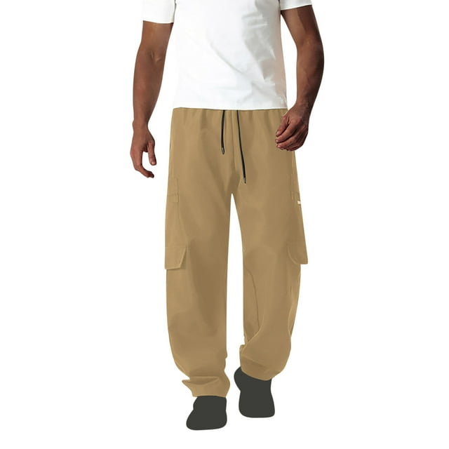 Wdfiry Casual Cargo Pants for Mens Full Length Solid Comfy Work Wear Trousers Straight Leg Elastic Waist Drawstring Trendy Cargo Pants