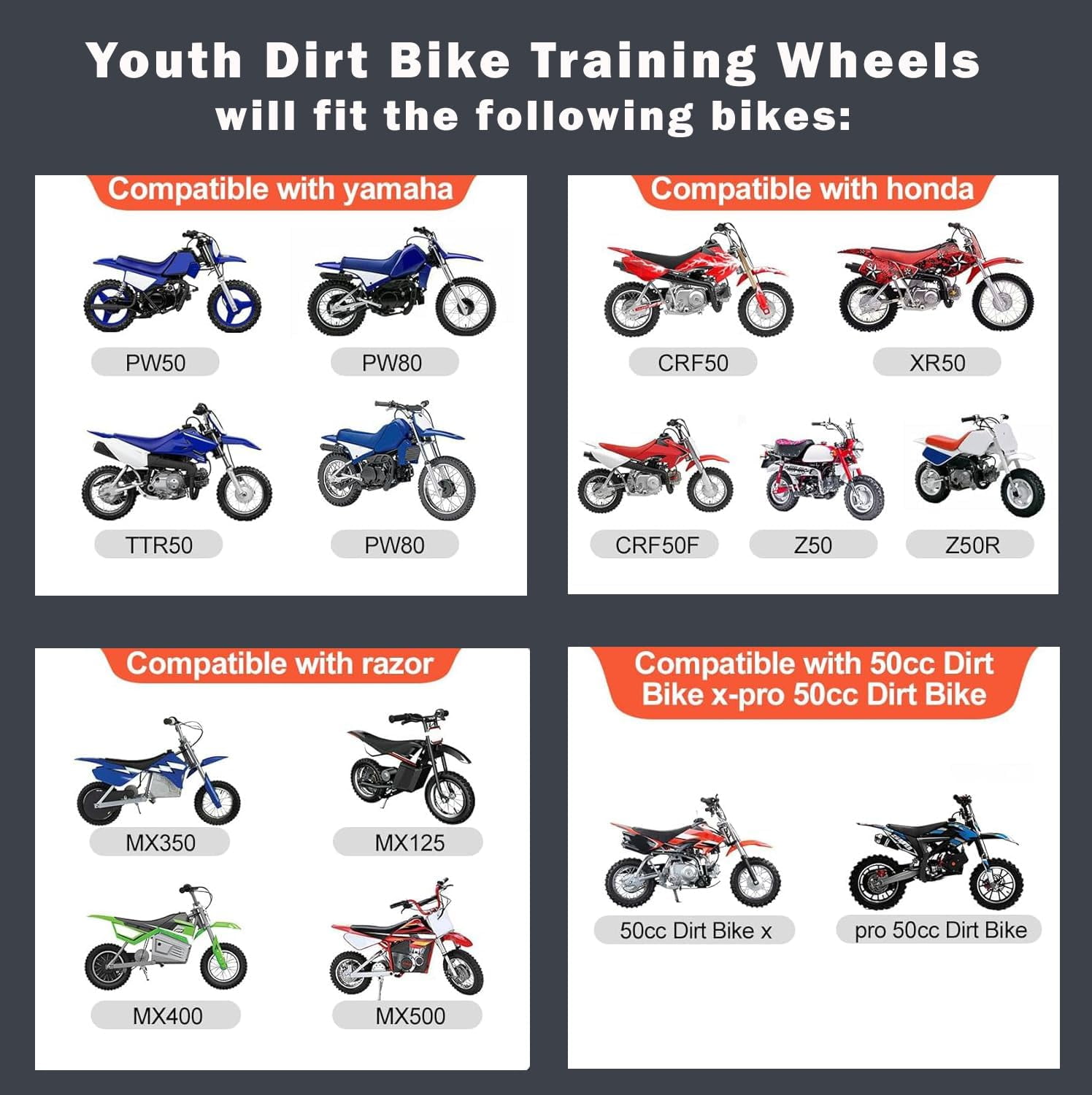Dirt bike training wheels - Razor training wheels - MX350 MX125 MX400 MX500 - Fast and easy install! Made in Michigan.