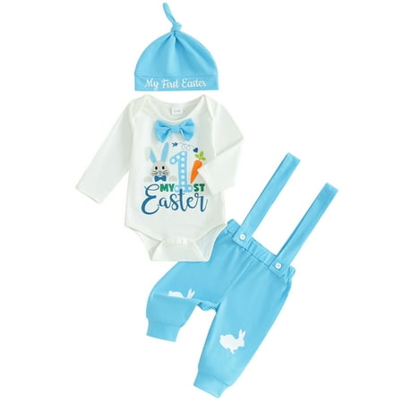 

Mevireiy My First Easter Outfits Bunny Print Romper Suspender Long Pants with Knot Hat White 3-6 Months