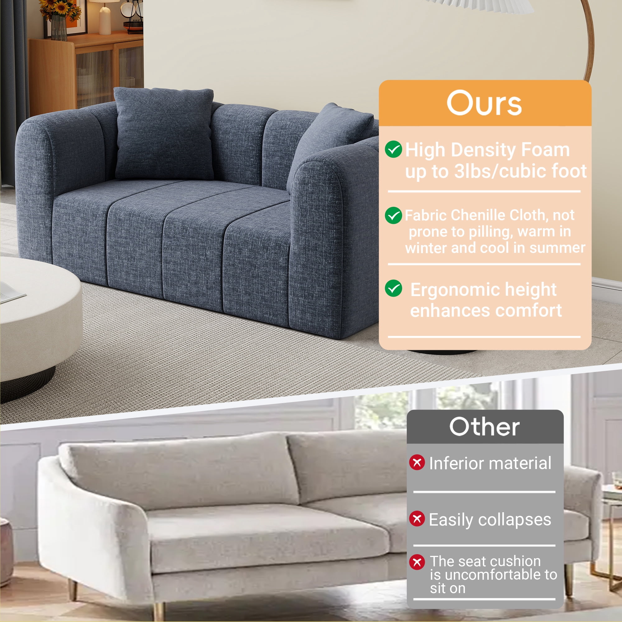 Meeyar Loveseat Sofa with 2 Cushions, 65" Modern Bubble Couch 2 Seater for Living Room, Blue