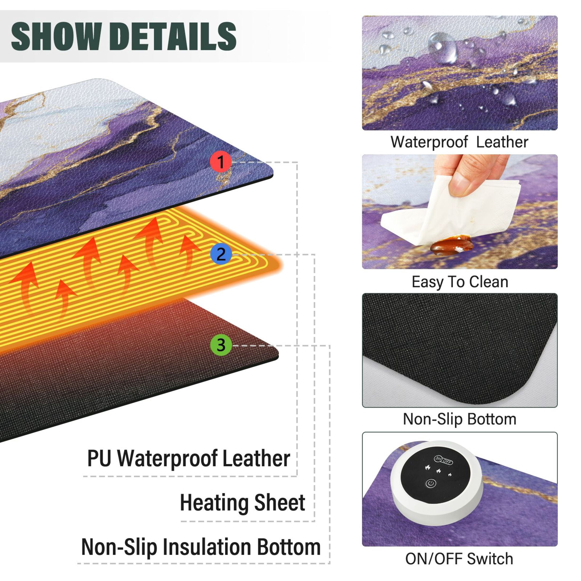 Large Heated Desk Mat Mouse Pad 31.5"x13"PU Leather Graphene Heating Desk Warmer with 3 Temperature Settings 110V US Plug Non-Slip Warm Pad for Home, Office, and Gaming Abstract Dark Purple Marble