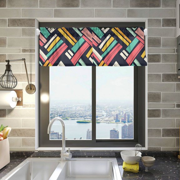 Yayeee Kitchen Valance Rod Pocket 54" x 18" Living Room Window Curtain, Red Geometric