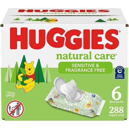 Huggies Natural Care Sensitive Baby Wipes, Unscented, Hypoallergenic, 6 Flip-Top Packs (288 Wipes Total)