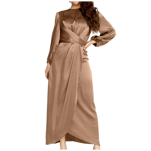 Njagoc3 Womens Long Sleeve Satin Maxi Robe Dress, Elegant Casual & Formal Wear, Floor - Length, Solid Color Styles, for Daily & Evening