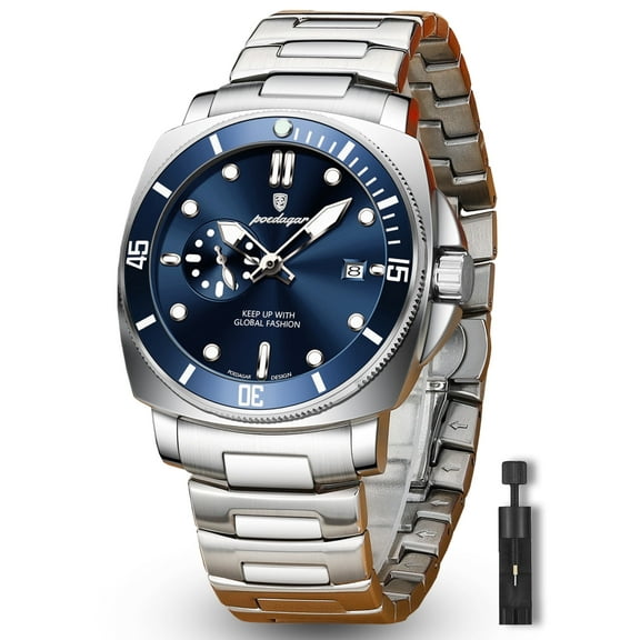 POEDAGAR Casual Men's Stainless Steel Date Quartz Wrist Watch Waterproof Luminous Round Rotating Bezel