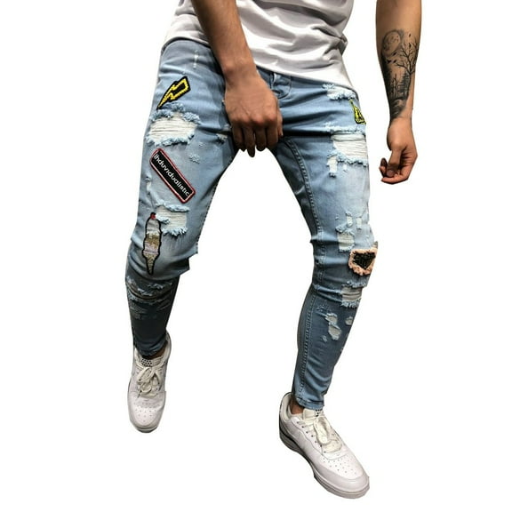 Quealent Big Tall Jeans Pants Hole Men's Denim Distressed Trousers Cotton Pocket Autumn Men's pants Little Fuzzy Denim Men Pants Blue S
