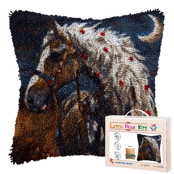 American Native Indian War Horse Moon DIY Latch Hook Pillow Kits for Adults Printed Pillowcase Crochet Yarns Hooking Handmade Pillow Cover Cushion for Home Sofa Decoration 17x17inch