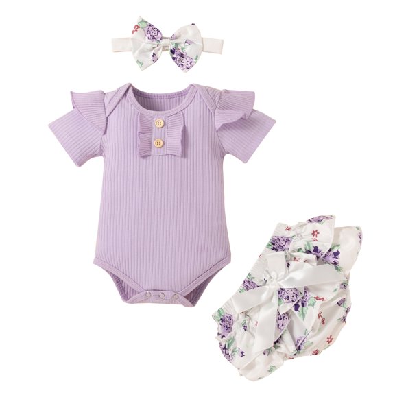 Dooleck Ribbed Baby Clothes Infant Ruffle Bodysuit Floral Bloomer Shorts Outfit Set