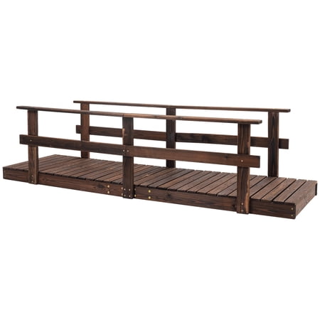 TK Outsunny 7' Wooden Garden Bridge with Safety Rails Backyard Footbridge for Ponds Creeks Streams Stained Finish
