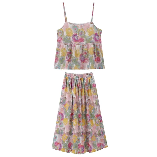 Conjunto de falda de mujer de estilo francés floral, cómodo vestido de tirantes de poliéster suave para SG