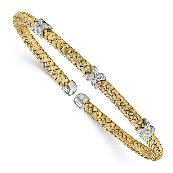 3.75mm Sterling Silver Gold-tone Cubic Zirconia Woven Cuff Bangle