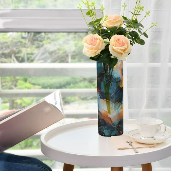 Dark Blue and Orange Marble Flower Vase 11.8x3.9 inch Vases Clear Non Breakable Plastic for Modern Home Wedding Decor