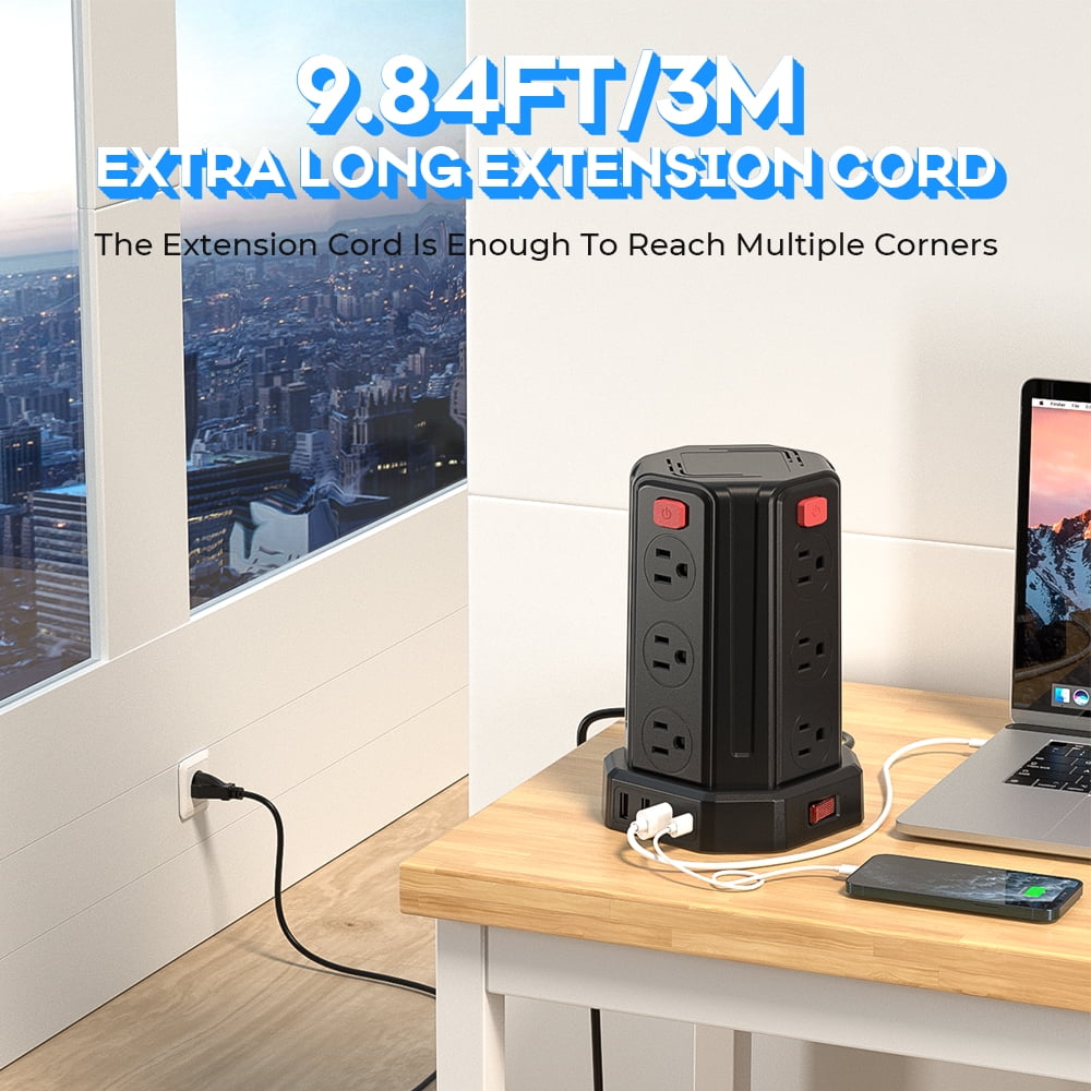 Power Strips Tower 12 Outlets Surge Protector with 4 USB Port and 10ft Extension Cord, Black