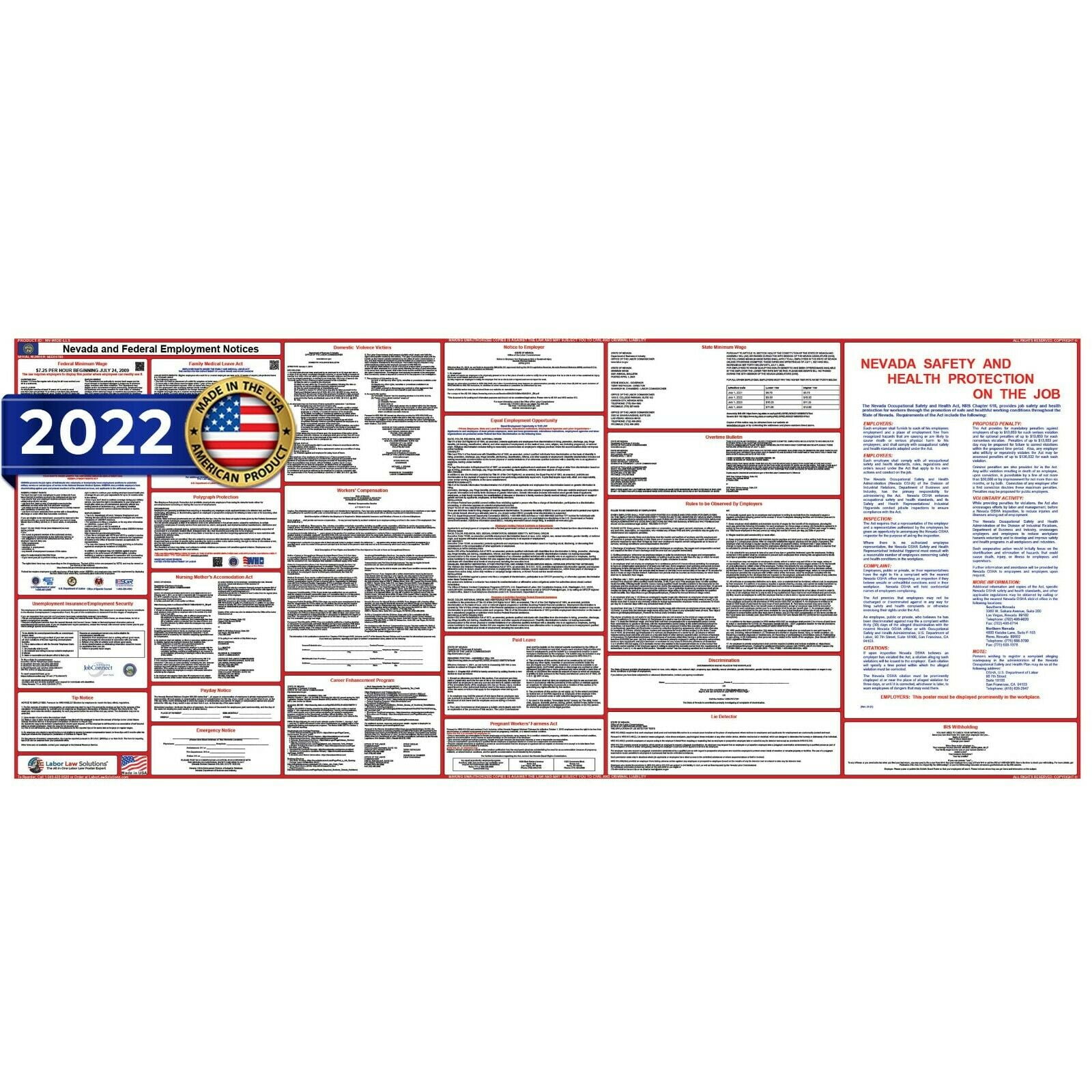 2019 Nevada State and Federal Labor Law Poster Ultra-Wide Water Proof Laminated Heavy Duty 