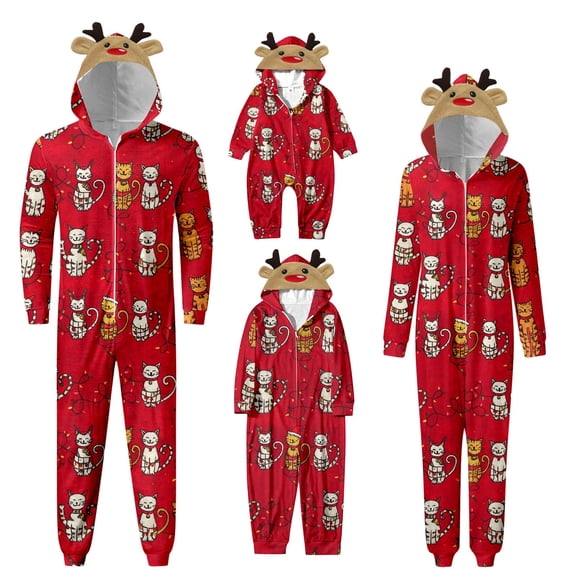 QTSHPN Christmas Family Pajamas Matching Set Hooded Zip up Jumpsuit Winter Warm Pajamas for Kids Adults Holiday Party Kids Pajamas