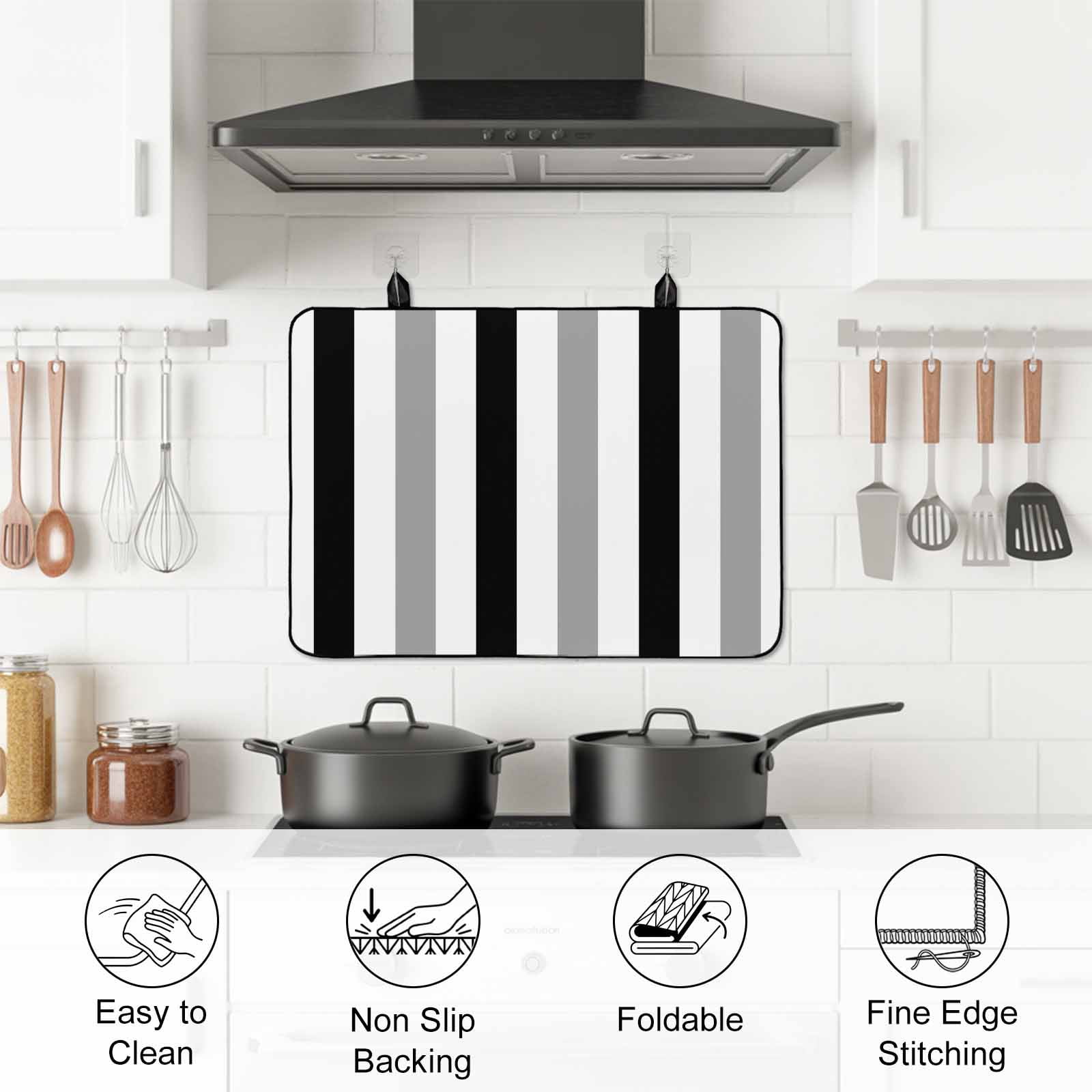 Black Gray Striped Stove Top Cover for Electric Stove, Heat-proof & Non Slip Glass Top Stove Cover Protector, Farmhouse Stripe Art Kitchen Flat Cooktop Rubber Mat 24x21 Inches