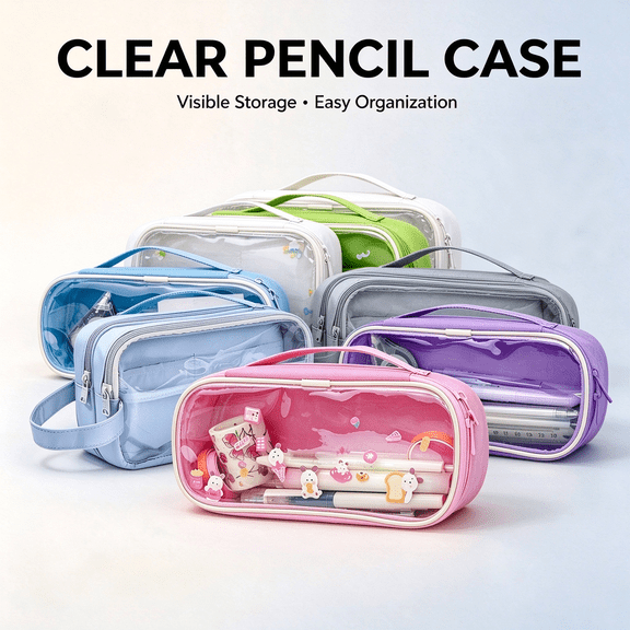Pencil Pouch with Wide Opening, Large Capacity Clear View Pen Bag Holds Pens, Oxford Cloth Zipper Pouch