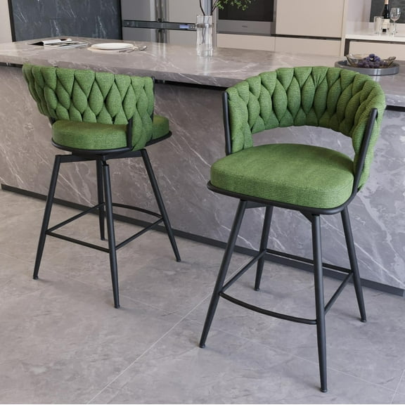 IVV 26" Swivel Bar Stools Set of 2, Kitchen Island Counter Height Bar Chairs with Woven Back, Metal Legs and Footrest, Linen Fabric Upholstered Barstools, Green