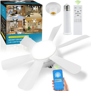 Socket Fan Light Ceiling Fans with Lights and Remote, Dimmable LED Fan Lights 3000K-6500K, 6 Wind Speeds Smart Low Noise Ceiling Fan, 1500 Lumens Screw in Ceiling Fan for Bedroom, Kitchen