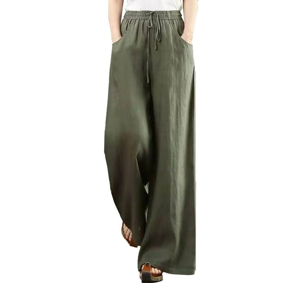 XDDLITP Women's Casual Linen Pant Drawstring Straight-Legs Pant Elastic Waist Beach Summer Pant with Pockets Linen Long Pants,Deep Green L