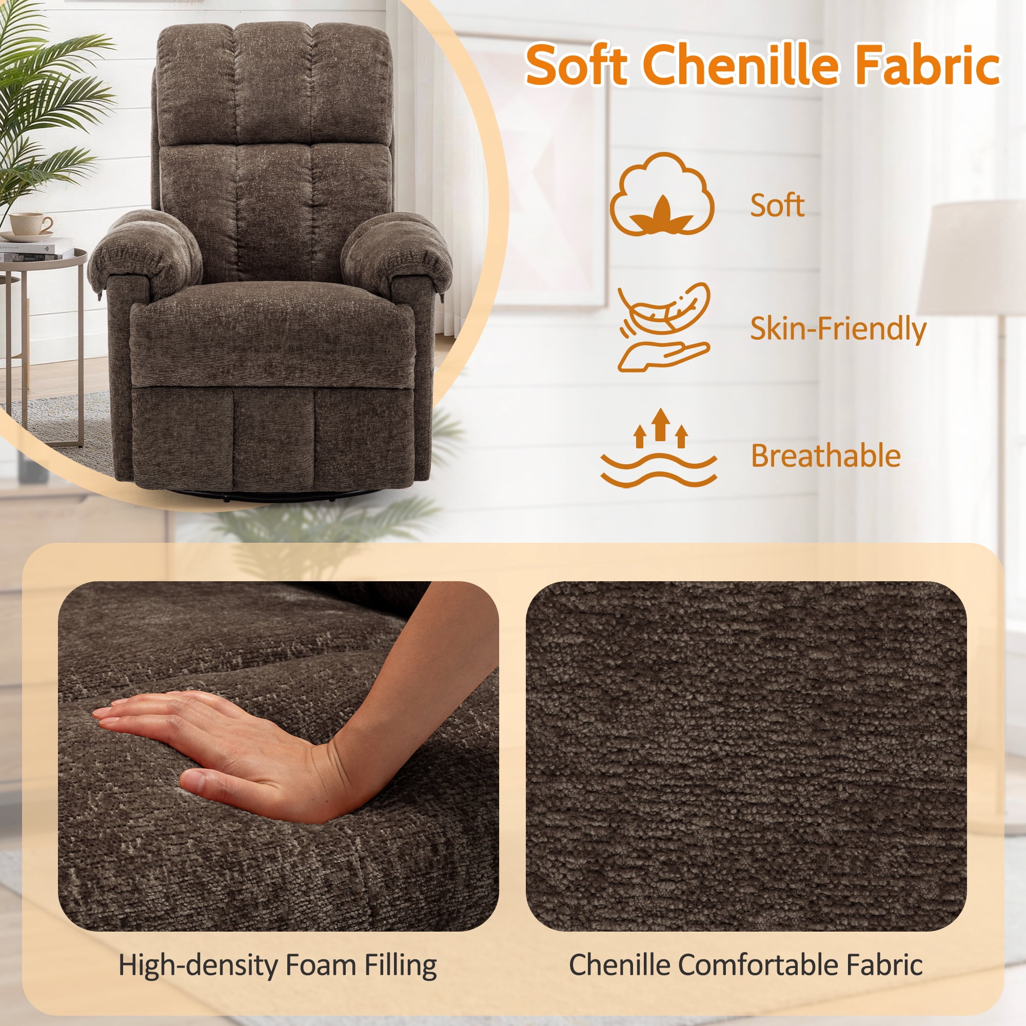 Korser Small Recliners for Small Spaces,Swivel Rocker Recliner Chair with Side Pockets for Living Room,Brown