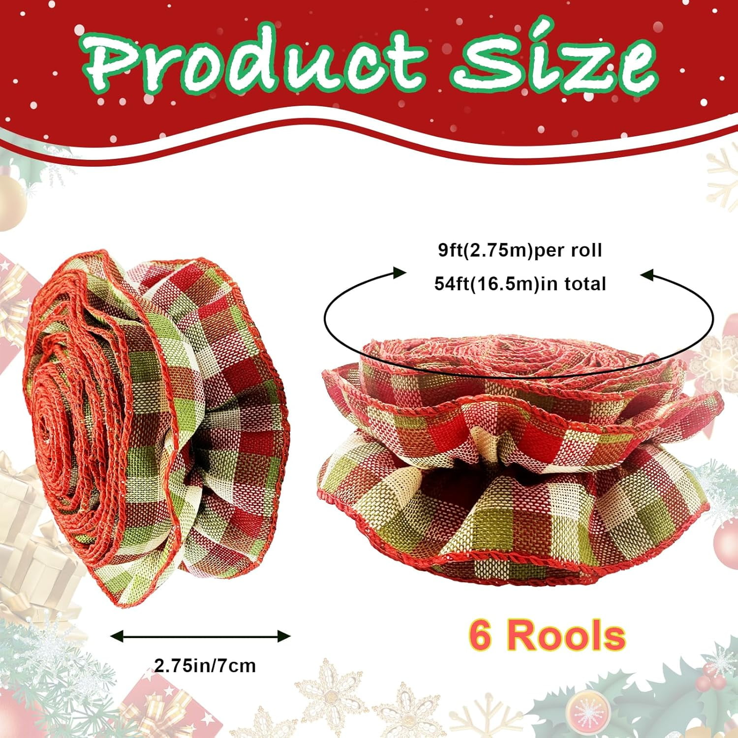 Dalrosia Christmas Tree Ribbon Garland Red and Green Polka Dot Ribbon Garland for Christmas Tree Burlap Ruffled Wired Ribbon Xmas Tree Garland Vintage Rustic Farmhouse Home Deco