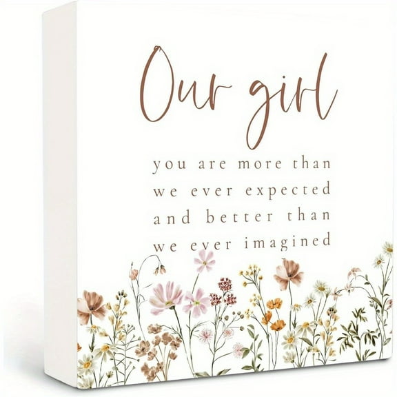 Baby Girl Nursery Decor Wood Box Sign - "Our Girl" Quote, Artificial Wood 5x5 Inch Shelf & Desk Decor, Baby Shower Gift for Girls Room, Toddler Room Decorations