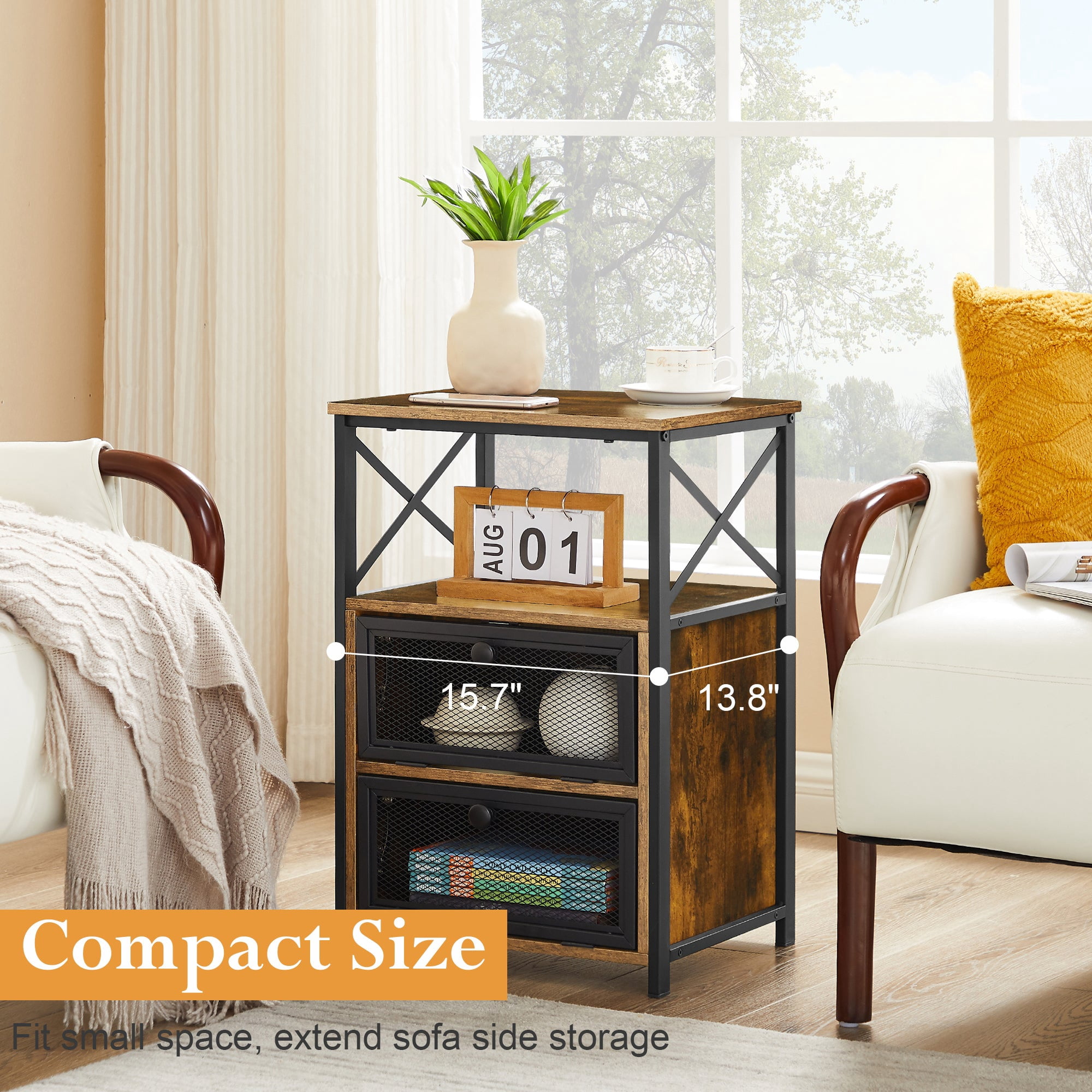 VECELO Set of 2 Nightstands with Flip Doors, Side End Table for Bedroom/Living Room/Office, Brown
