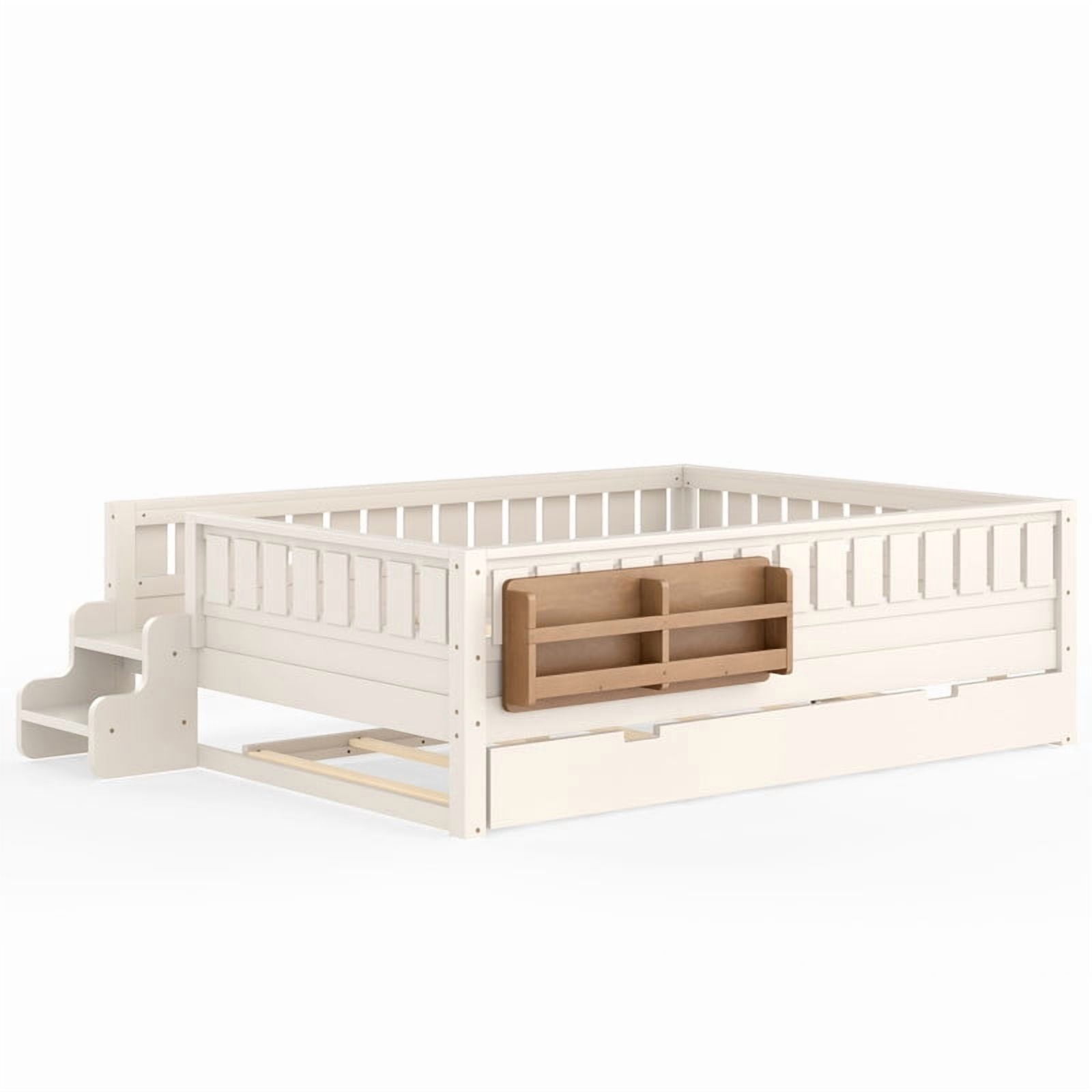 Queen Size Low-Profile Kid's Platform Bed with Built-in Bookshelves & Small Staircase, Wooden Bed Frame with Safety Rails & Trundle