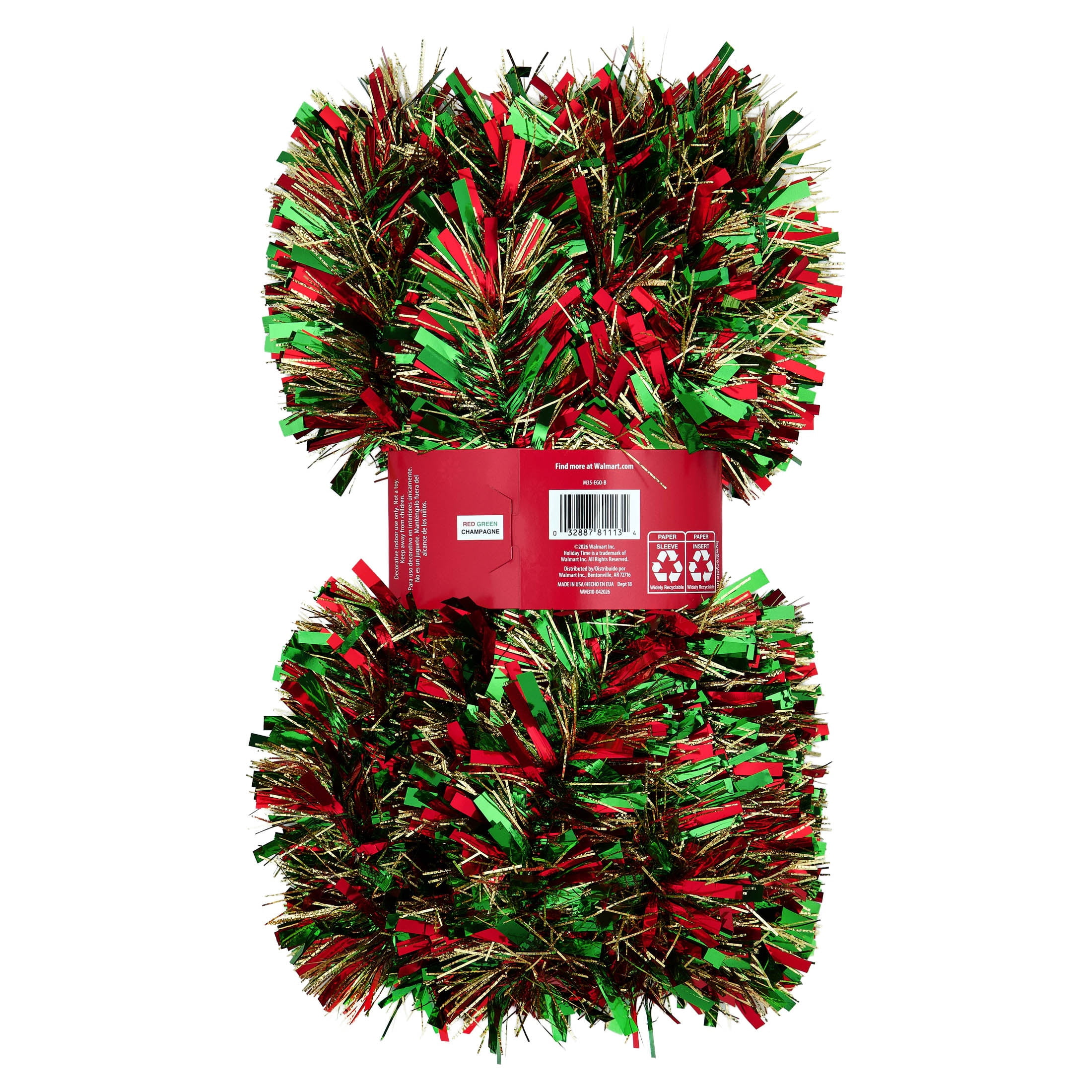 Tinsel Christmas Garland, Red/Green/Gold, 12', by Holiday Time