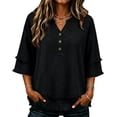 thumbnail image 2 of Linen Tops for Women Henley Shirts Loose Beach Clothes Western Frayed Casual Summer Gauze Shirts Boho Tops with Raw Hem Tassel Cotton Linen Shirts V Neck Short Sleeve Blouses,Black,L, 2 of 5