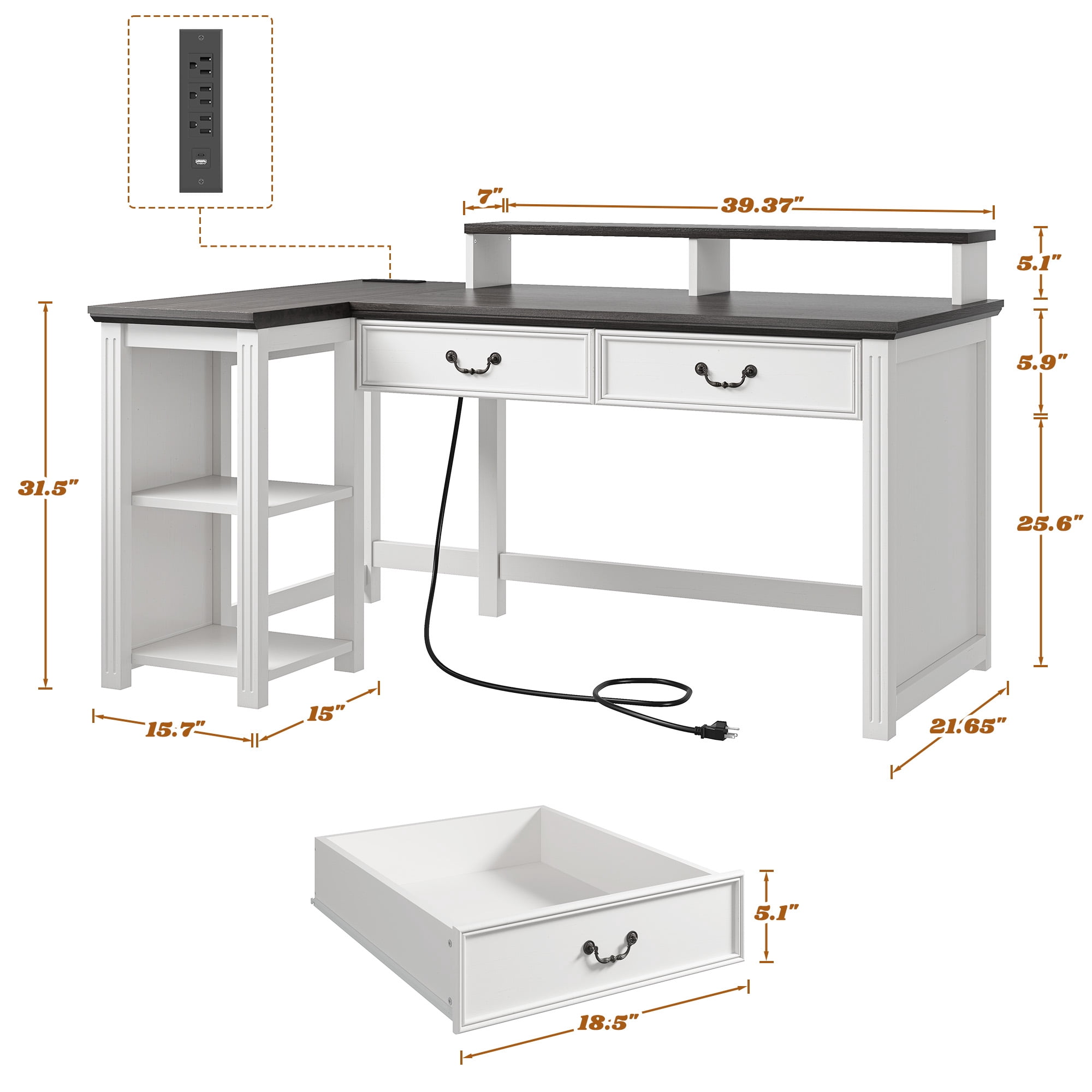 Romorgniz L Shaped Farmhouse Desk with 2 Drawers 55" Computer Desk with Power Outlets & LED Light Office Desk with Monitor Stand & Cabinet for Studying, Writing and Gaming