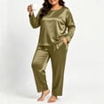 thumbnail image 6 of vdgthytj Plus Size Loungewear Sets for Women Satin Long Sleeve Crewneck Tops Straight Leg Pants Fall Sleepwear 2 Piece Outfits(4X-Large,Army Green), 6 of 9