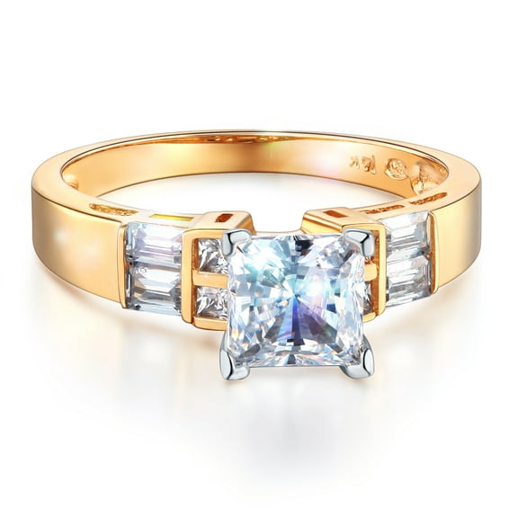 Wellingsale Ladies Solid 14k Yellow Gold Polished CZ Cubic Zirconia Princess Cut Engagement Ring with Side Stones - Size 4