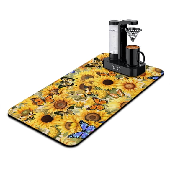 Retro Yellow Sunflower Dish Drying Mat, Boho Vintage Floral Coffee Bar Mat, Absorbent Kitchen Counter Protector, Rustic Farmhouse Decor