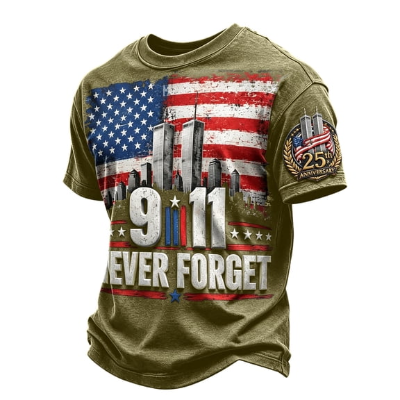 EANJE Men's 9/11 Shirt Never Forget 911 T Shirt 25th Anniversary USA Shirts American Flag Patriotic Short Sleeve Tops Army Green M