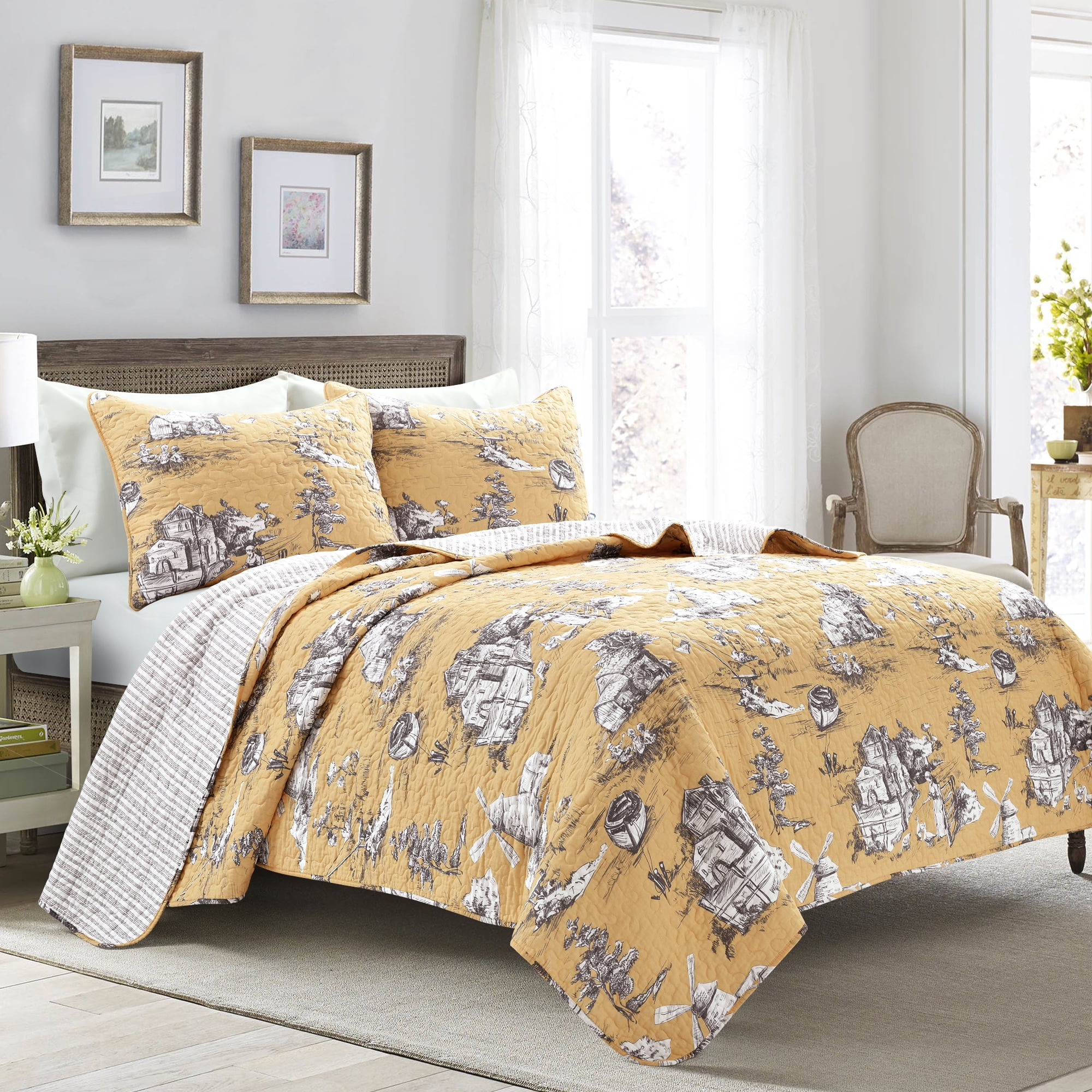 Lush Decor Toile Cotton Quilt Sets, King, Yellow, 3-Pieces ...