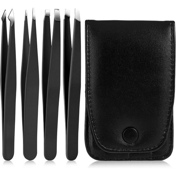 Wiher Tweezers Set, 4 Pcs Professional Stainless Steel Hair Removal Tweezers for Facial Hair, Eyelash, Eyebrow, Ingrown Hair with Travel Case, Black