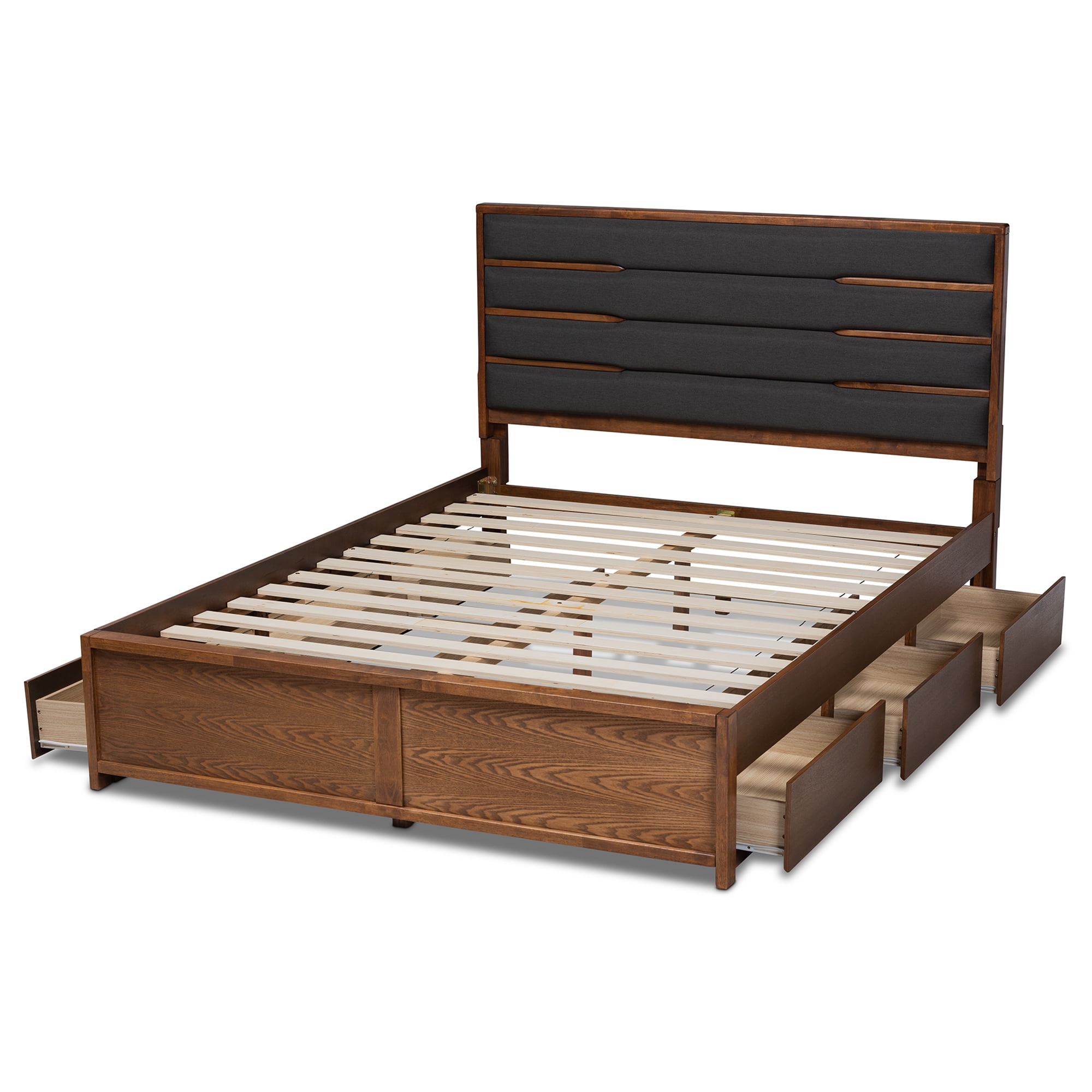 Baxton Studio Elin Modern and Contemporary Dark Gray Fabric Upholstered Walnut Finished Wood Queen Size Platform Storage Bed with Six Drawers