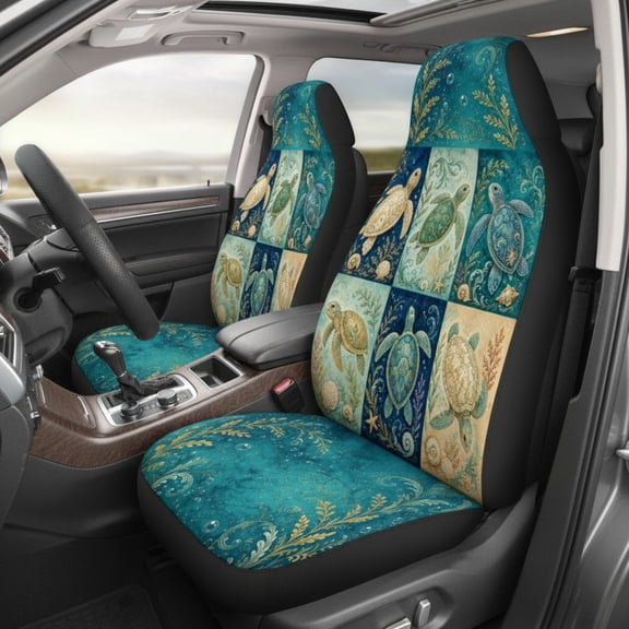 Emacom Ltd Sea Turtle Car Seat Covers, Coastal Patchwork Ocean Auto Seat Protectors, Beach Turtle Car Interior Accessories
