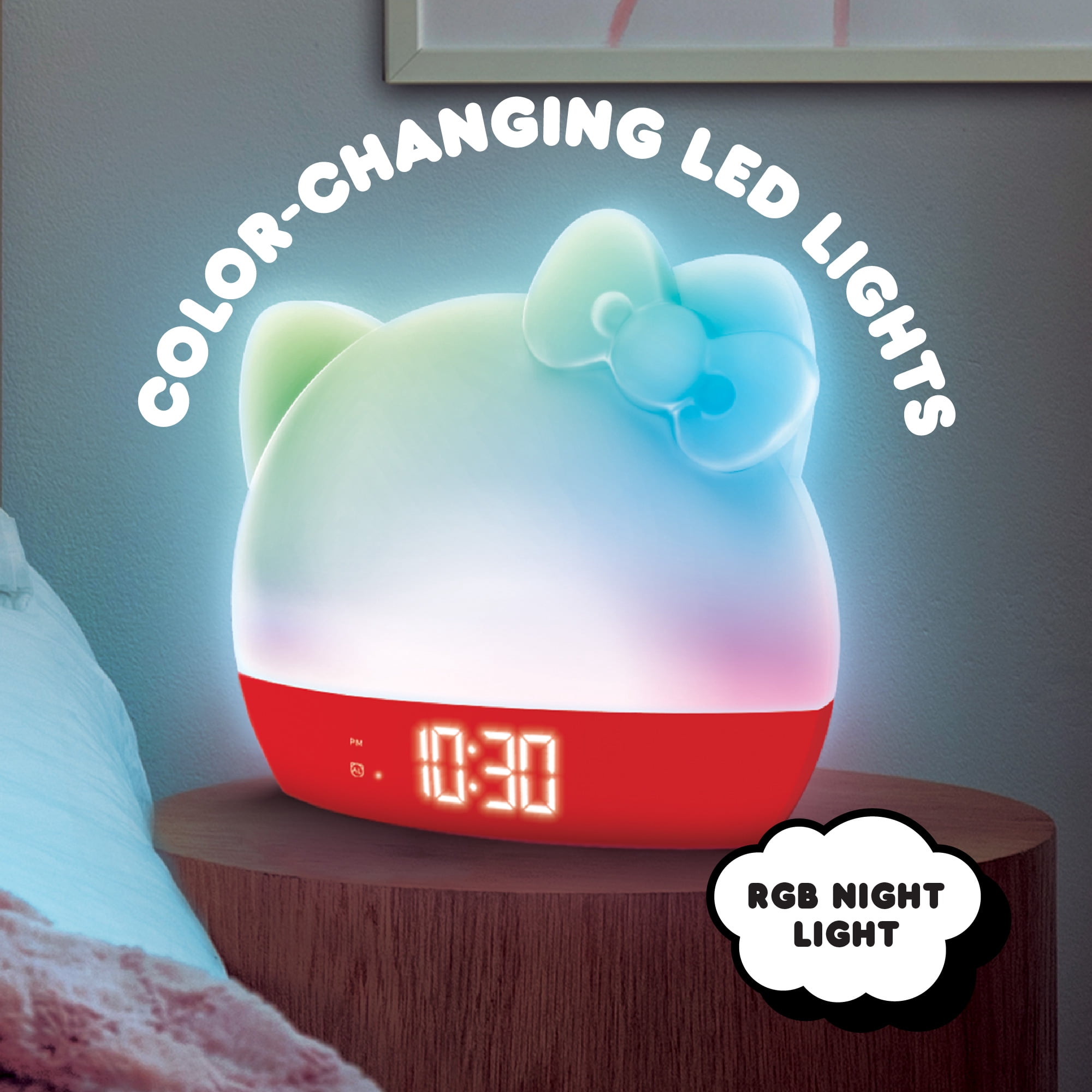Hello Kitty Sunrise Alarm Clock with Wake-Up Light, RGB Color-Changing Night Light & Ambient Lamp, LED Time/Date/Temperature Display, USB Powered with Device Charging Port (Red)