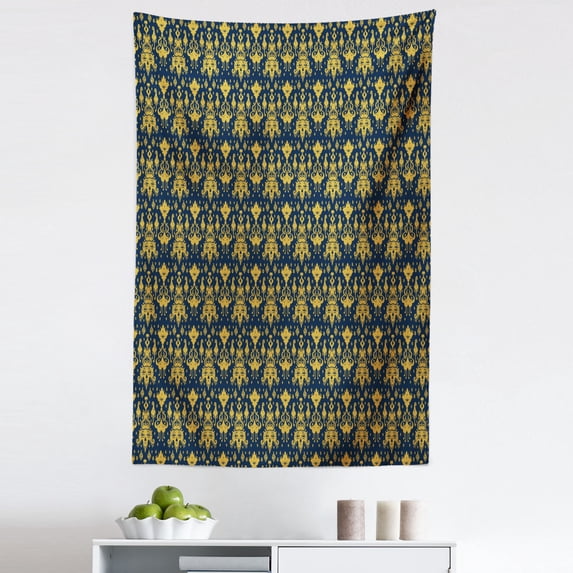 Damask Tapestry, Repetitive Ikat Geometric Folkloric Oriental Ancient Oriental Art, Fabric Wall Hanging Decor for Bedroom Living Room Dorm, 5 Sizes, Dark Blue and Pale Coffee, by Ambesonne
