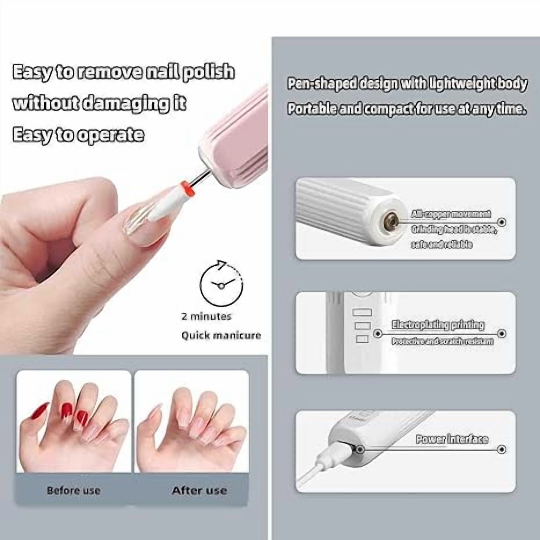 Electric Nail Drill for Acrylic Nails, USB Charging Nail Cuticle Remove Portable Nail Drill Machine (Beige)