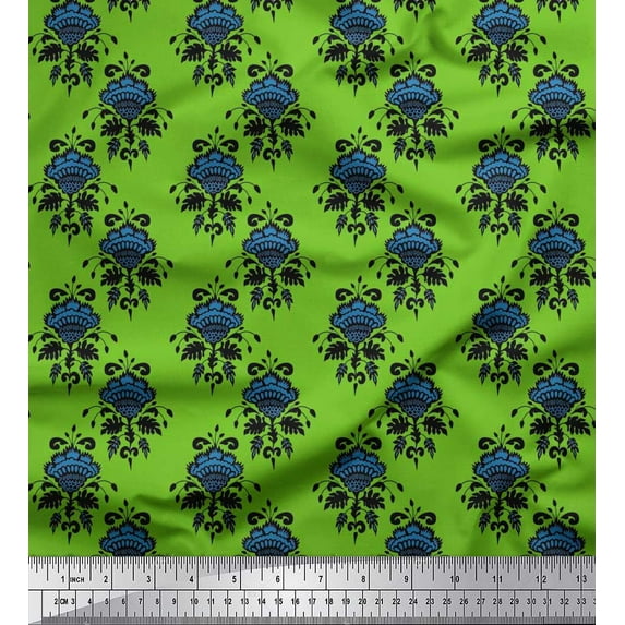 Soimoi Green Heavy Satin Fabric Leaves & Floral Ethnic Printed Craft Fabric by the Yard 54 Inch Wide