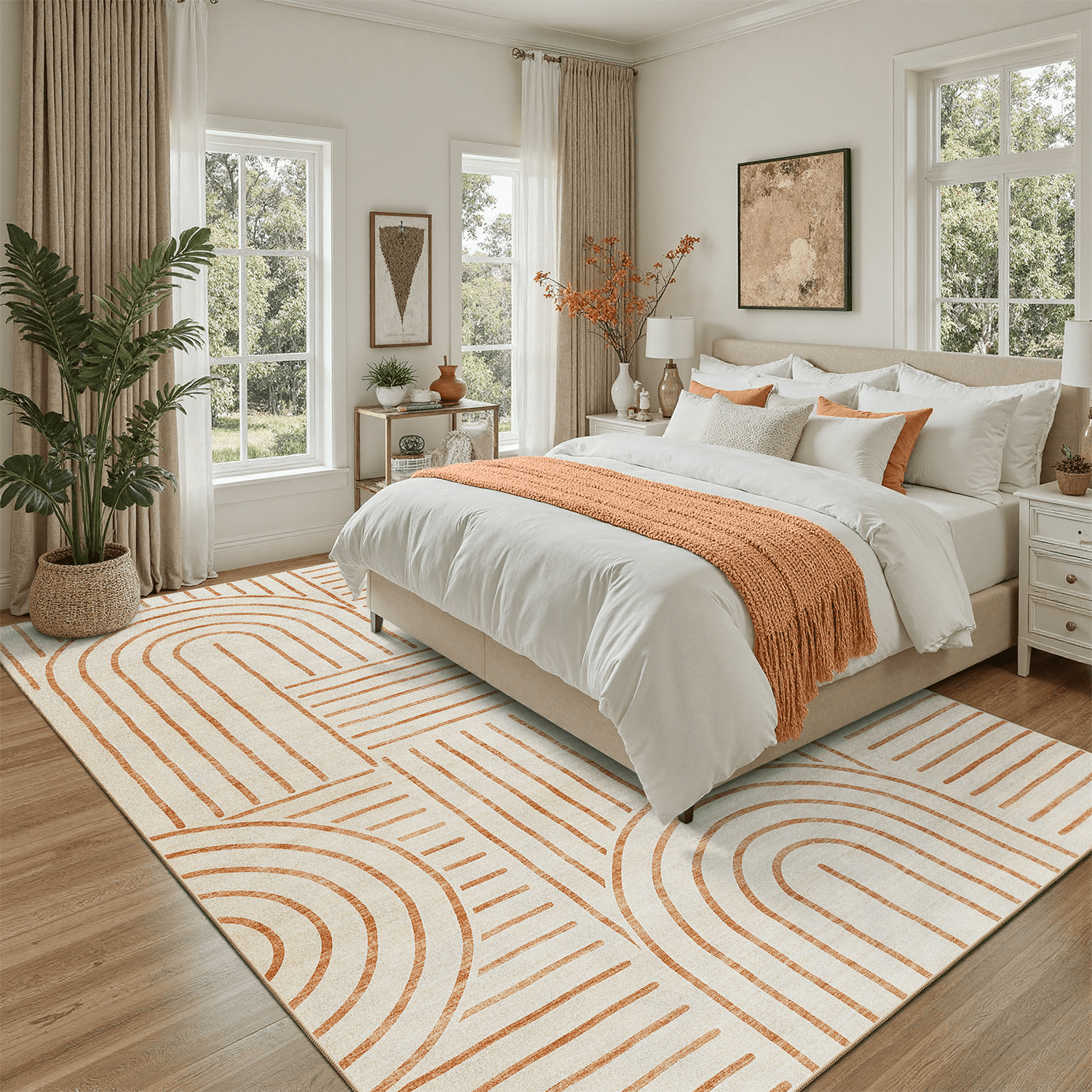 Machine Washable 8x10 Area Rugs, Midcentury Modern Non Slip Stain Resistant Rug for Living Room, Playroom, Bedroom, Soft Low Pile Large Carpet-Beige