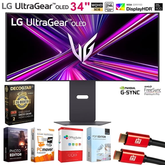 LG 34GX900A-B 34" UltraGear WQHD OLED Curved Gaming Monitor 240Hz, DisplayHDR Bundle with Elite Suite 18, 2x HDMI Cable and Deco Gear CPS Exclusive 26 Month Protection Pack (BEACH-CPS-26M1500)