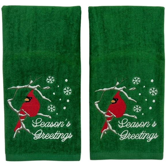 Holiday Christmas Bathroom Guest Hand Towels Red Cardinal With Season'S Greetings On Green100% Cotton Set Of 2 16 X 25 Inches