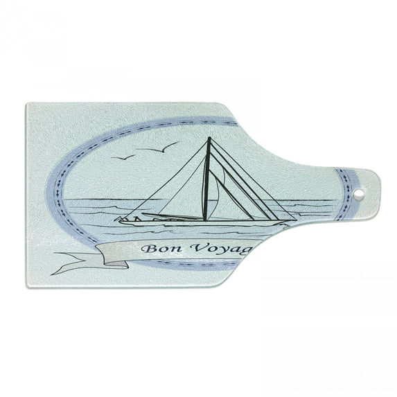 Going Away Party Cutting Board, Bon Voyage Journey in Ocean Vintage Travel Card Inspired Print, Tempered Glass Cutting and Serving Board, Wine Bottle Shape, Pale Blue White Lilac, by Ambesonne