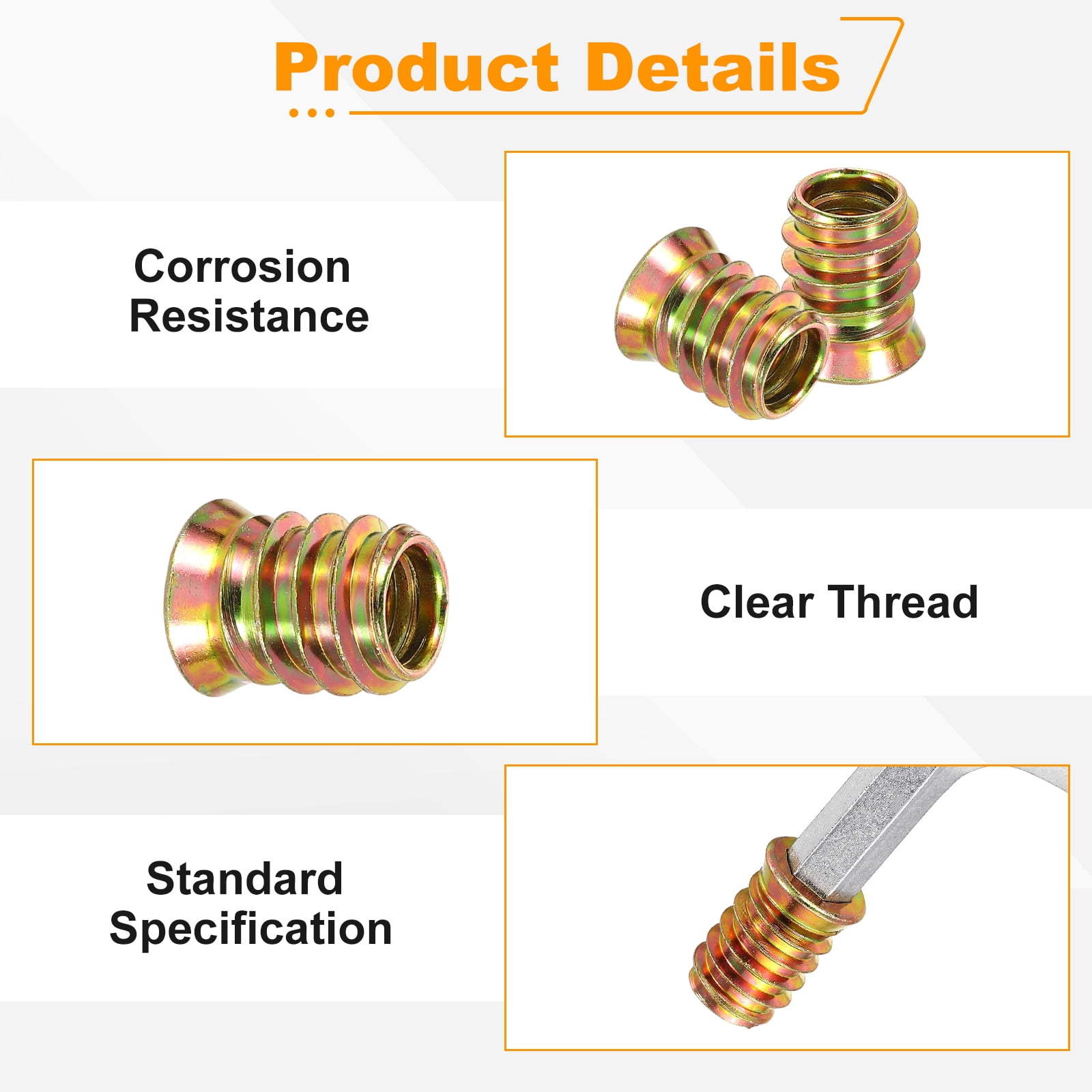 50 Pcs Threaded Insert for Wood, 3/8 - 16 Threaded Studs 20mm Length, Gold